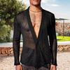 Herren Club Shirt Ultradünnes durchsichtiges Mesh V-Ausschnitt Button-Down Lange Ärmel