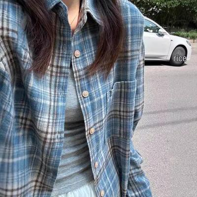 Women's Harajuku Style Blue Plaid Oversized Long-Sleeve Shirt - Casual, Versatile for Spring & Autumn