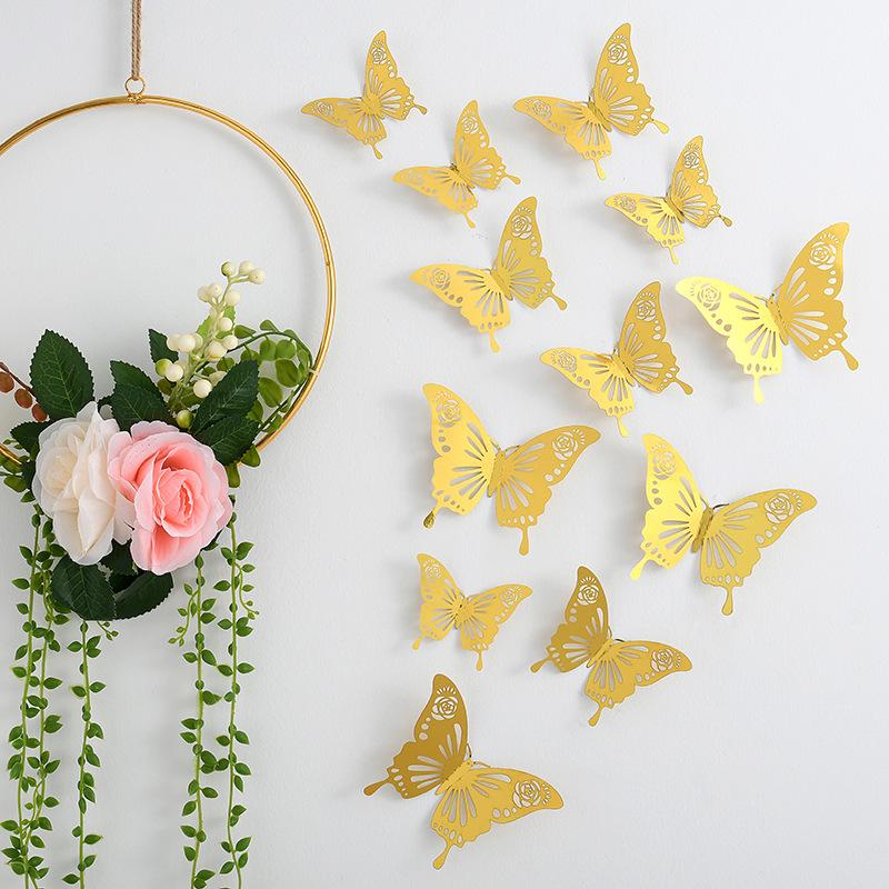 3D Three-dimensional Hollow Butterfly Wall Sticker Wall Decoration Living Room Wall Arrangement Metal Texture Creative Sticker