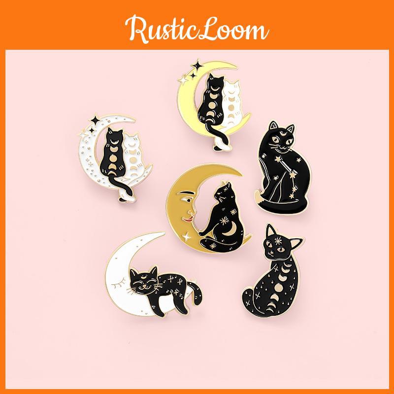 Captivating Moon Cat Design Pin Unique Alloy Brooch With Enamel Finish For Creative Style