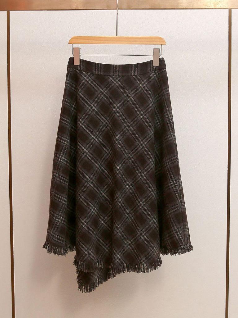 Autumn/Winter French Retro Plaid A-line Skirt with Irregular Frayed Edges