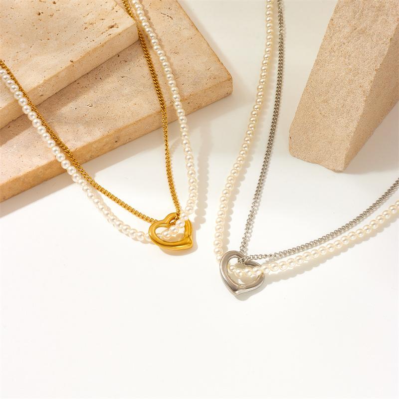 Gold Plated Heart Pendant Pearl Layered Necklace, Stainless Steel Double Chain Choker, Elegant Jewelry for Women Gift