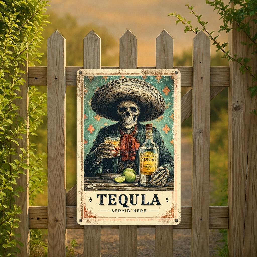 Vintage Mexikanisches Tequila-Thema Metallwandkunstschild Rustikales Sombrero-Totenkopf- und Tequila-Flaschendesign
