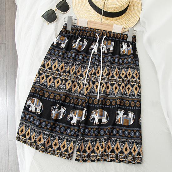 Women Summer Shorts Thiland Elephant Print Drawstring Elastic Waist Loose Soft Breathable Vacation Beach Travel Knee Length Shorts