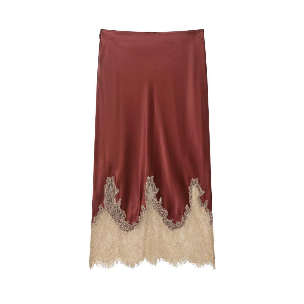 Z European Style 2025 Fashion Color-Block Lace Trim Silk Satin Skirt