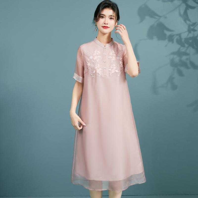 New Chinese Style Silk Dress with Embroidered Organza and Mulberry Silk for Summer