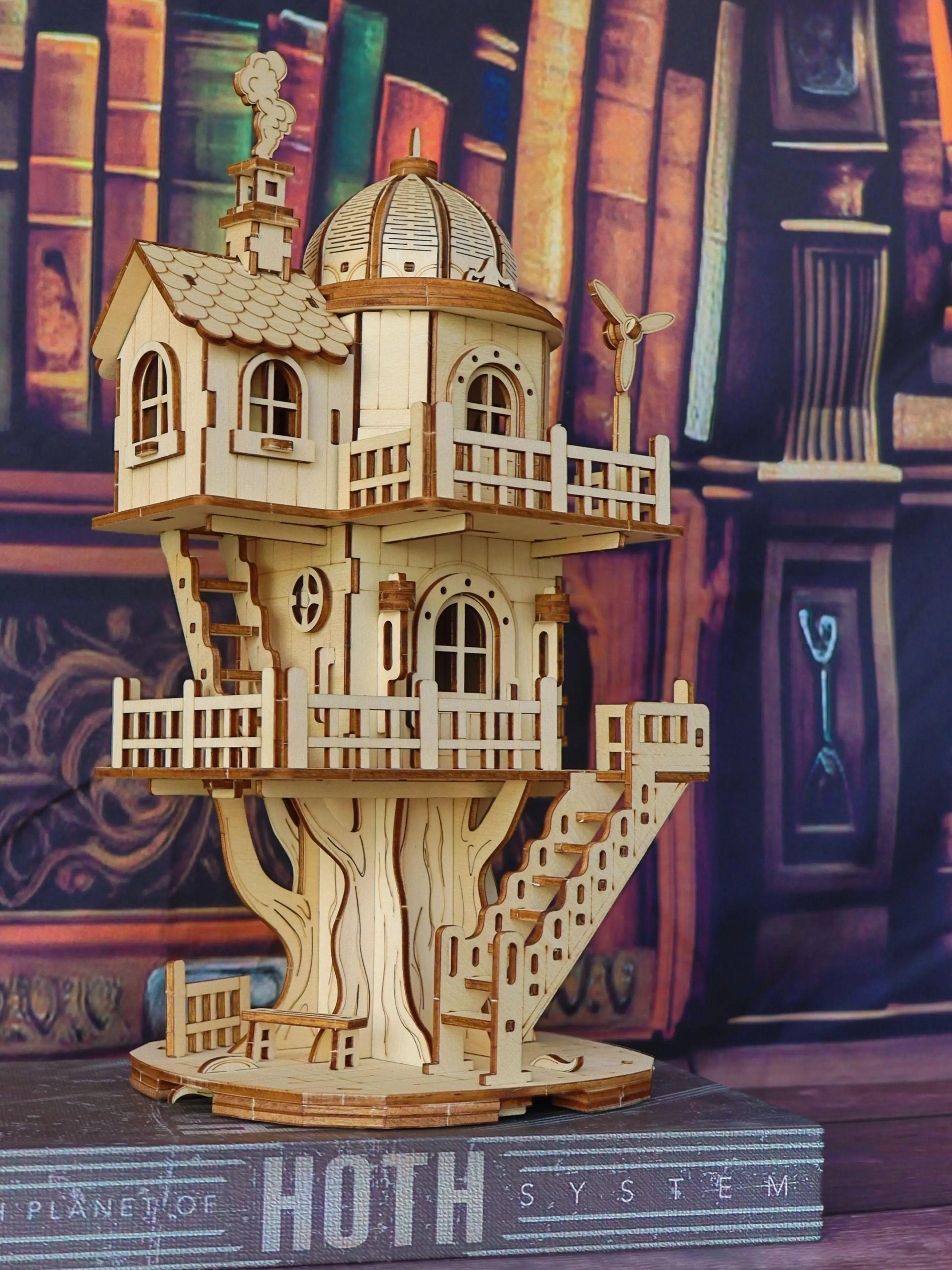 3D wooden puzzle model of treehouse, wooden forest cottage villa, multi story dome building assembly model, handmade DIY creativ