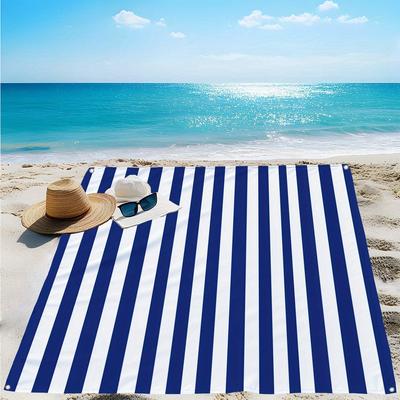 1PC manta de playa para exteriores, estampado de rayas azules y blancas, alfombrilla de playa portátil estampada, fácil de limpiar, tejido 100% poliéster