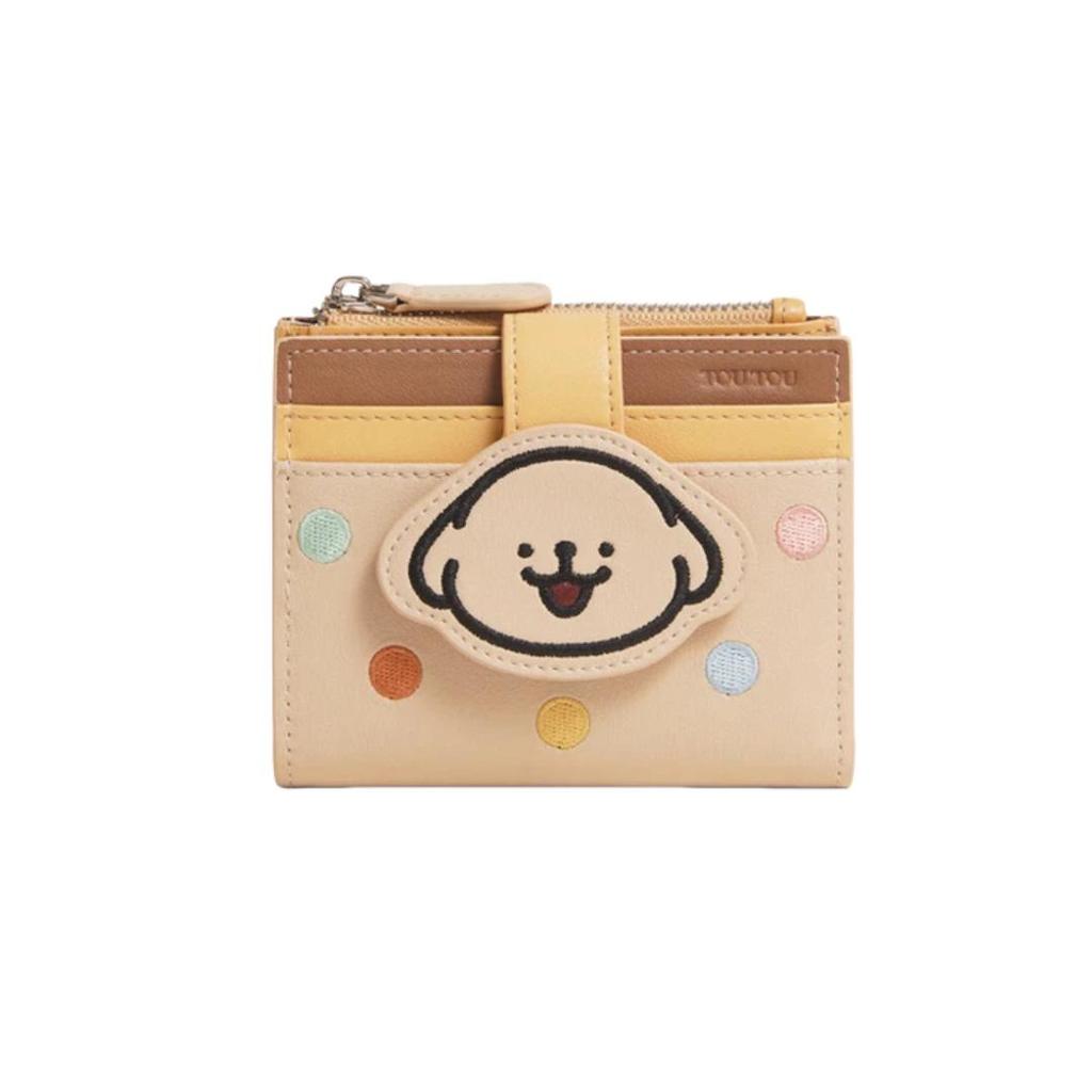 Toutou Cowhide Wallet, Card Holder with Multiple Card Slots, Coin Purse, Apricot Color