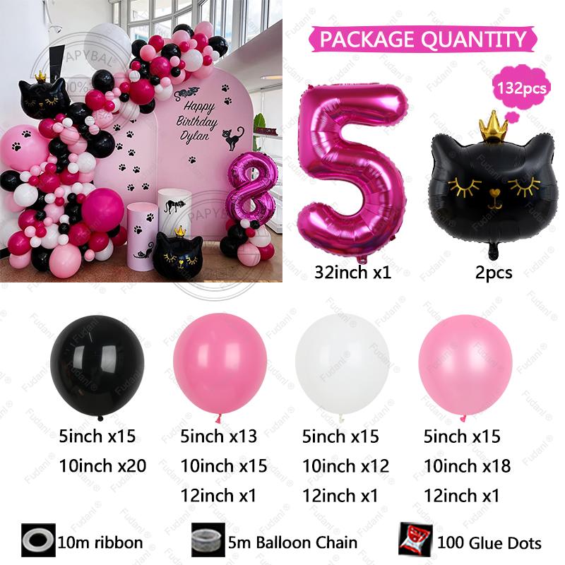 132pcs Black Cat Crown Foil Balloons Arch Kit Happy Birthday Party Decorations 32inch Digit Kids Girl Boy 1-9 Years Old Supplies