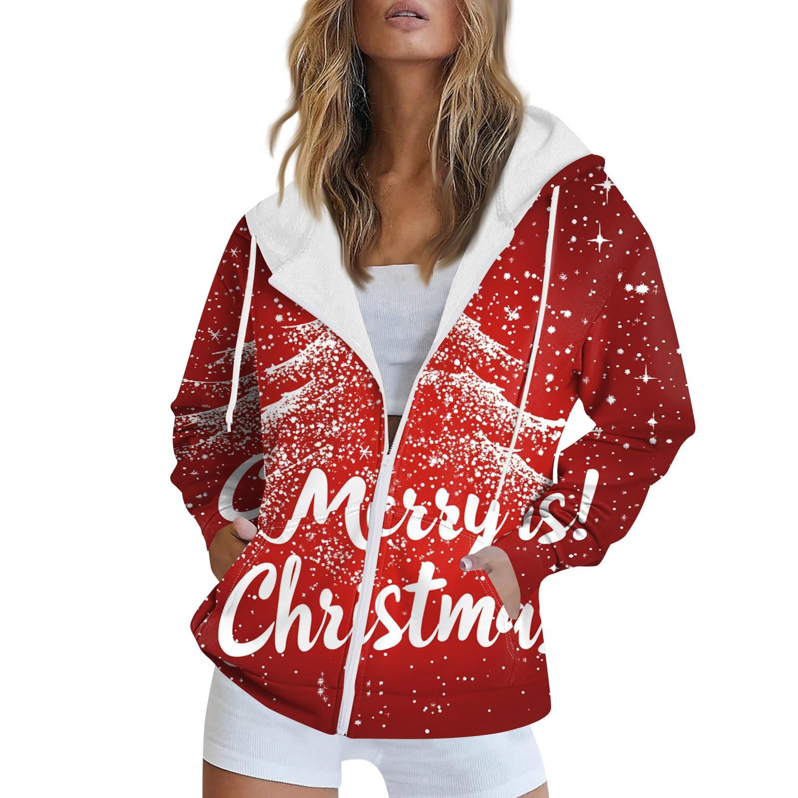 

Женская рождественская печатная толстовка осень-зима с длинным рукавом кардиган куртка с карманами на молнии толстовка с капюшоном верхняя одежда XXL розовый