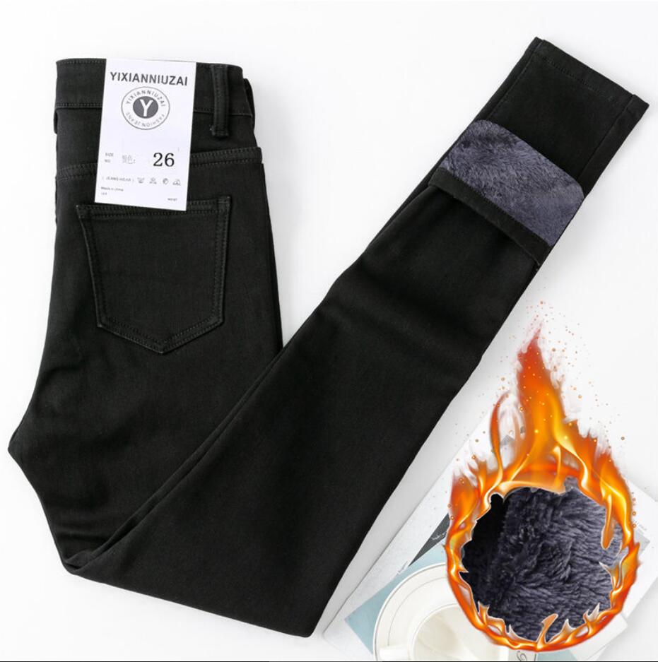 

Женские джинсы скинни, зимние бархатные плюшевые теплые джинсы с высокой талией, джинсовые брюки для девочек 32 чёрный