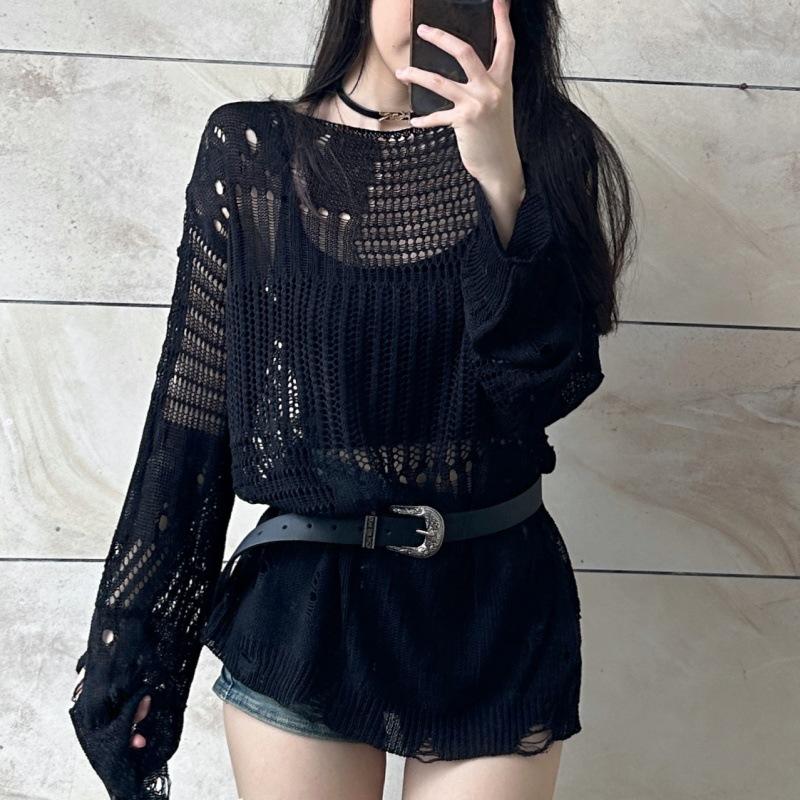 Women's Hollow Knit Blouse Summer Loose Fitting Long Sleeve Thin Sweater Casual Tops Vintage Gothic Blouses