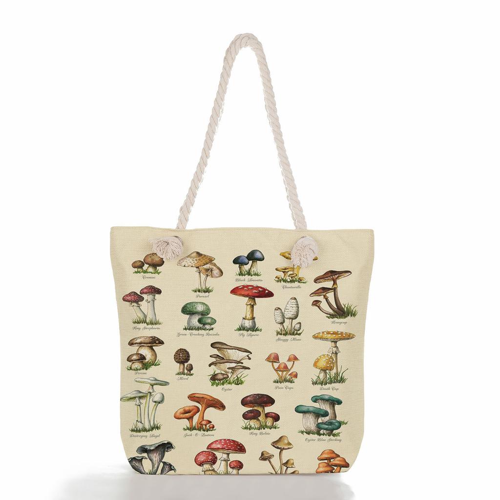 Multifunctional Mushroom Butterfly Printed Thick Rope Shoulder Beach Bag Casual large capacity handbag 7616