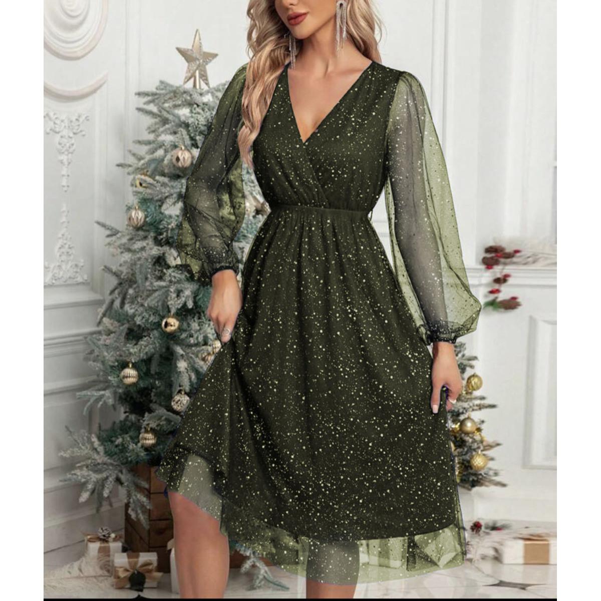 

Женское сетчатое платье с длинными рукавами и V-образным вырезом, элегантное, облегающее, однотонное, из сетки L армия зеленый