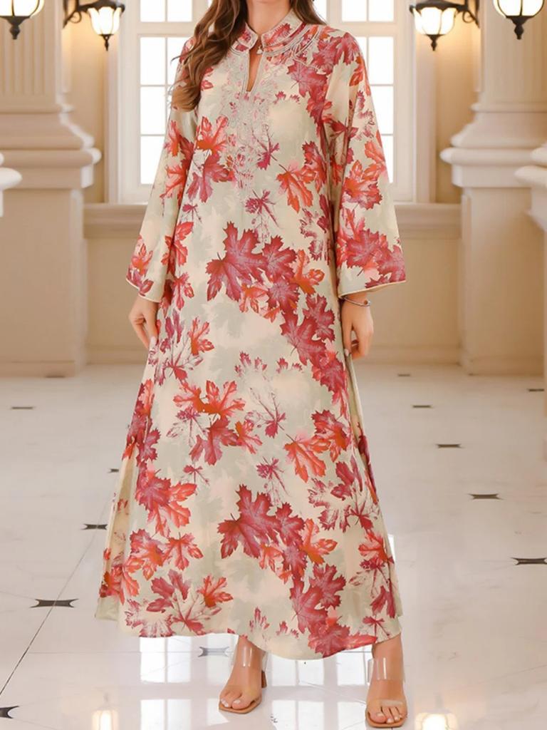 Europe, America, Autumn Robe Dress Flower Print Long Sleeve Dress Robe