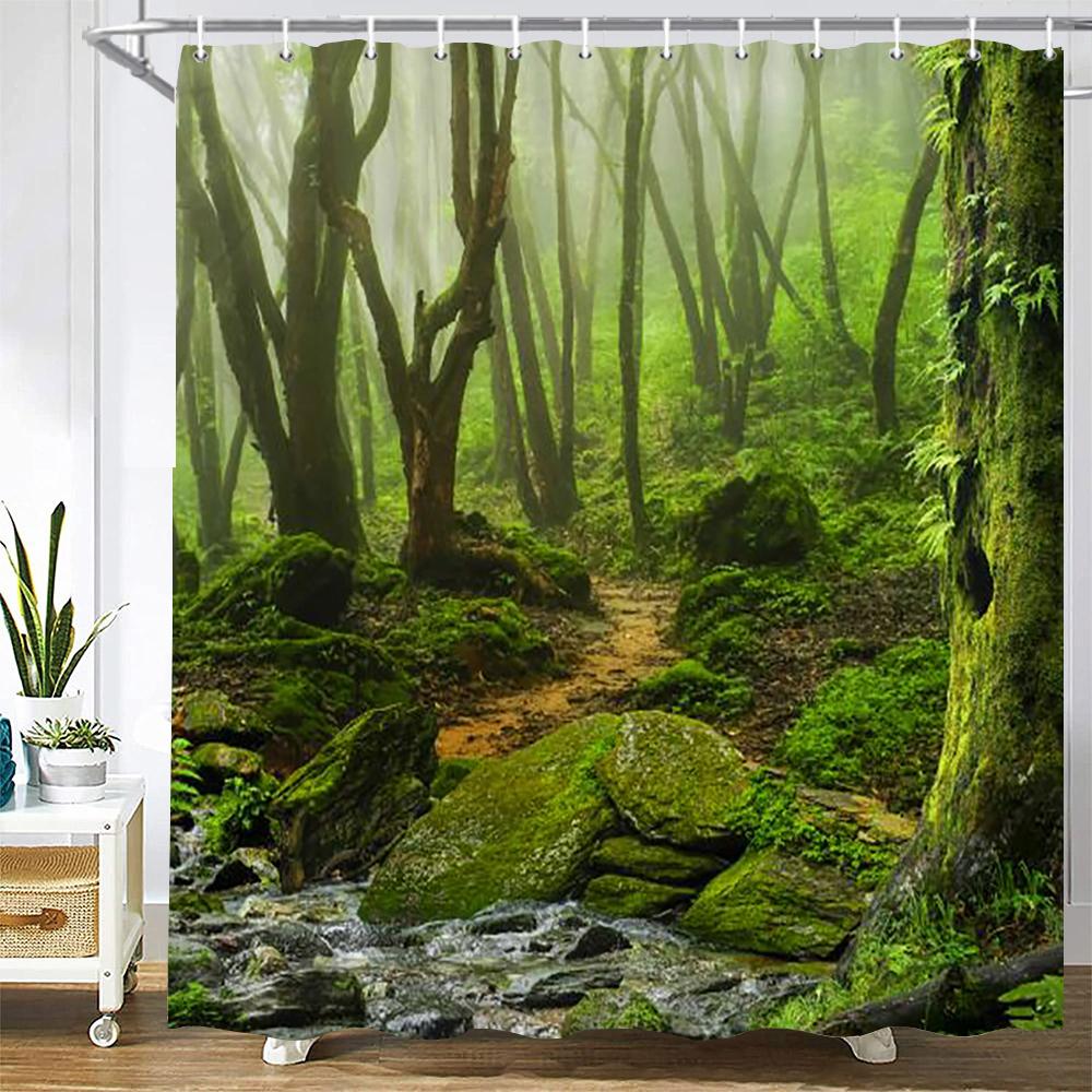 Tropical Rainforest Forest Shower Curtains Bathroom Curtain 3D Natural landscape Fabric Waterproof Bath Curtain with Hooks