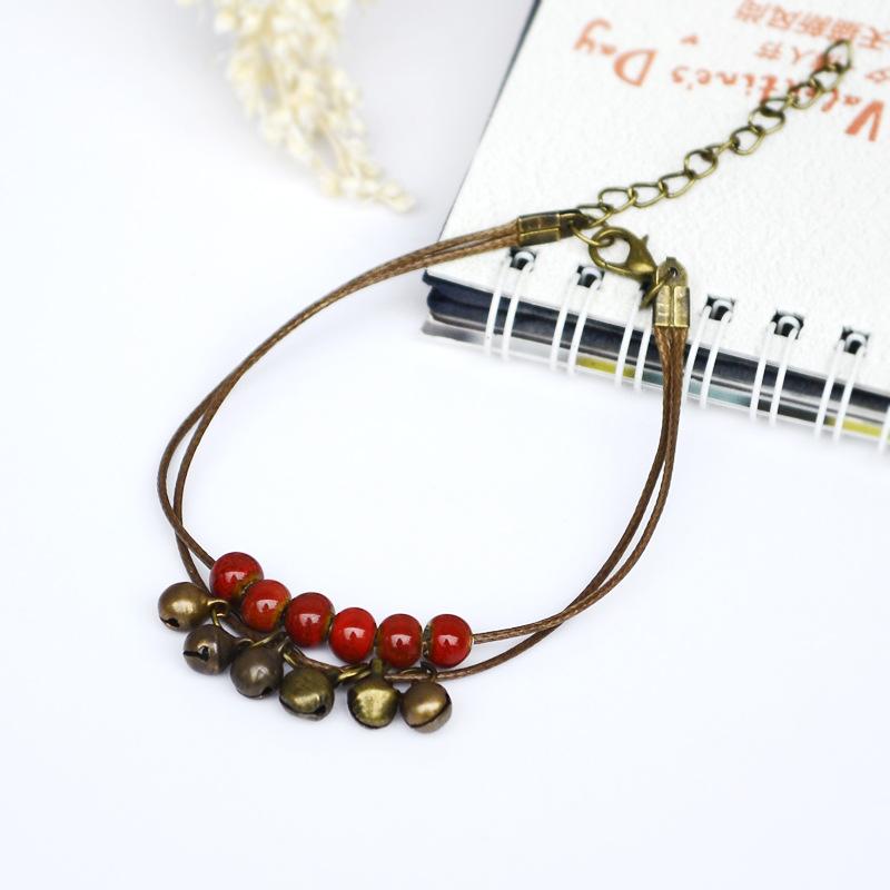 

Ethnic style retro Mori bohemian ceramic anklet small fresh and simple double-layer bell anklet women s accessories червоний