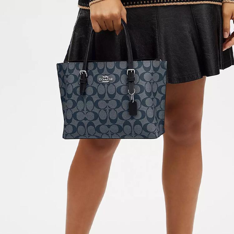 Coach Mollie Classic Monogram Zip Closure Coated Canvas And Leather Tote Bag Women tote Silver Midnight-Navy C4250-SVN2V