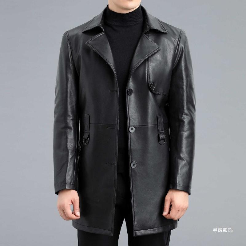 Autumn and Winter Leather Mid-length Suit Collar Sheepskin Coat Sheepskin Men's Leather Windbreaker Plus Velvet Jacket