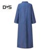 Fall Spring Women Dress Solid Color Loose Denim Turn Down Collar Long Sleeve Ankle Length Button Split Hem Plus Size Bohemian Commute Maxi Dress