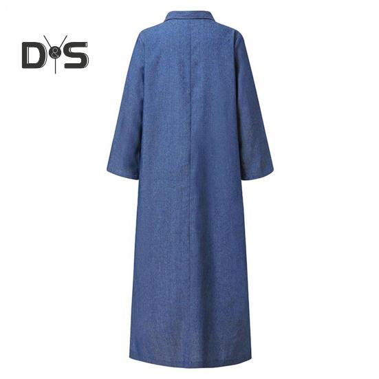 Fall Spring Women Dress Solid Color Loose Denim Turn Down Collar Long Sleeve Ankle Length Button Split Hem Plus Size Bohemian Commute Maxi Dress