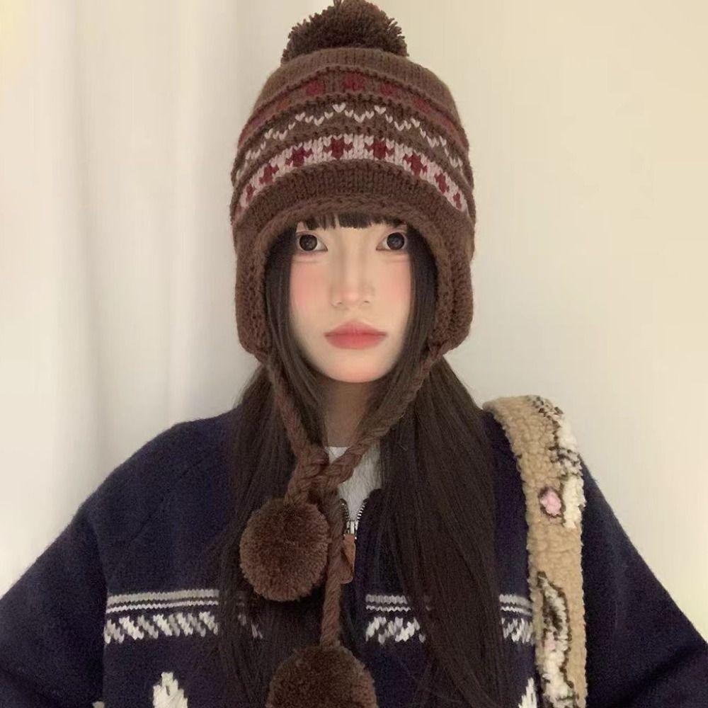 Printed Fair Isle Style Beanies Warm Ear Protection Hat Sweet Printing Knit Cap Winter