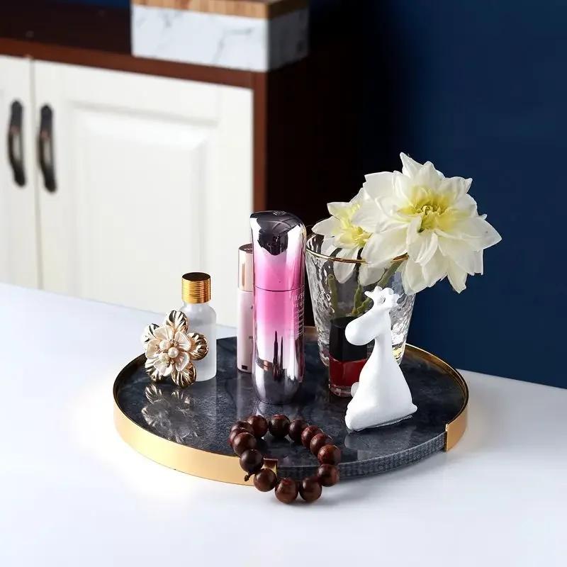 Vassoio Portaoggetti per Gioielli Cosmetici Dorato Nordico Vassoio Rotondo Portaoggetti Decorazioni da Tavolo Decorazioni Soggiorno Vassoio in Marmo di Lusso Leggero
