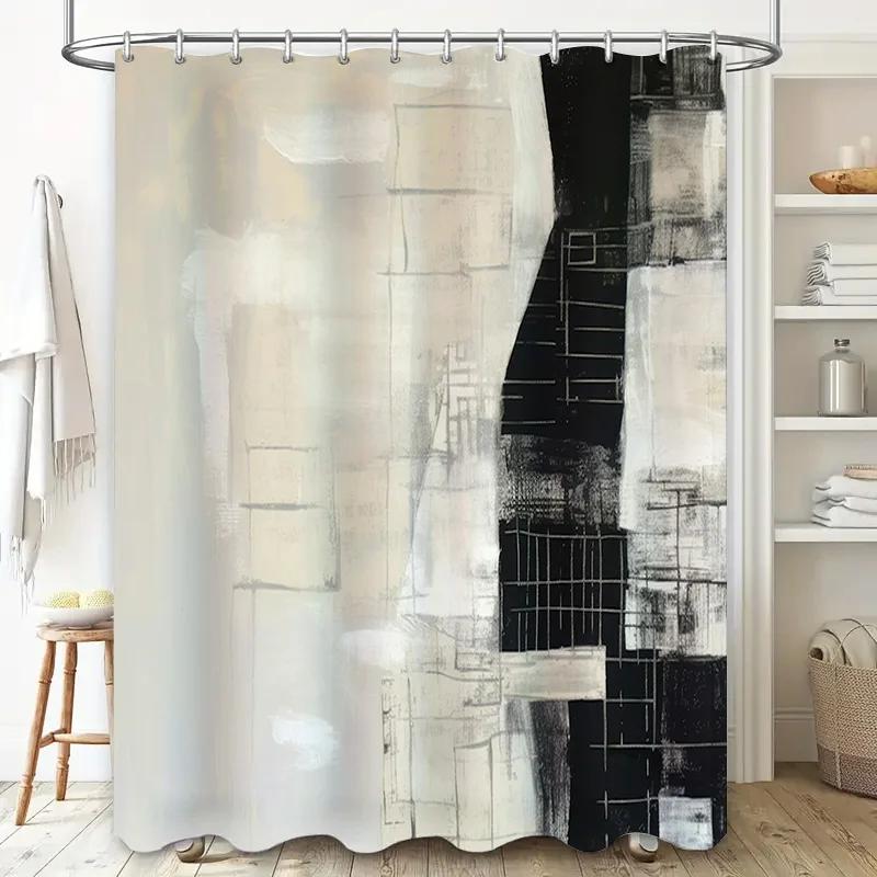 Černobílá Moderní Styl Sprchový Závěs Abstraktní Design Domácí Dekorace Koupelnové Doplňky Sada Voděodolná Podložka do Vany s Háčky