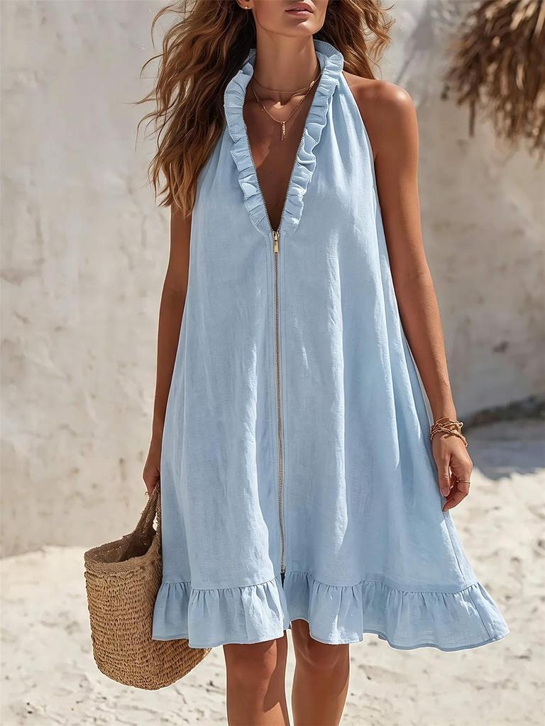 European and American style neck V-neck dress, front zipper ruffle edge loose and thin skirt