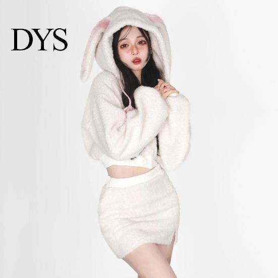 Thick Plush Outfit 2 Pcs/Set Women Hoodie Skirt Suit Bunny Ear Decor Short Top High Rabbit Shape Costume Waist Slim Fit Mini Set Cosplay Party