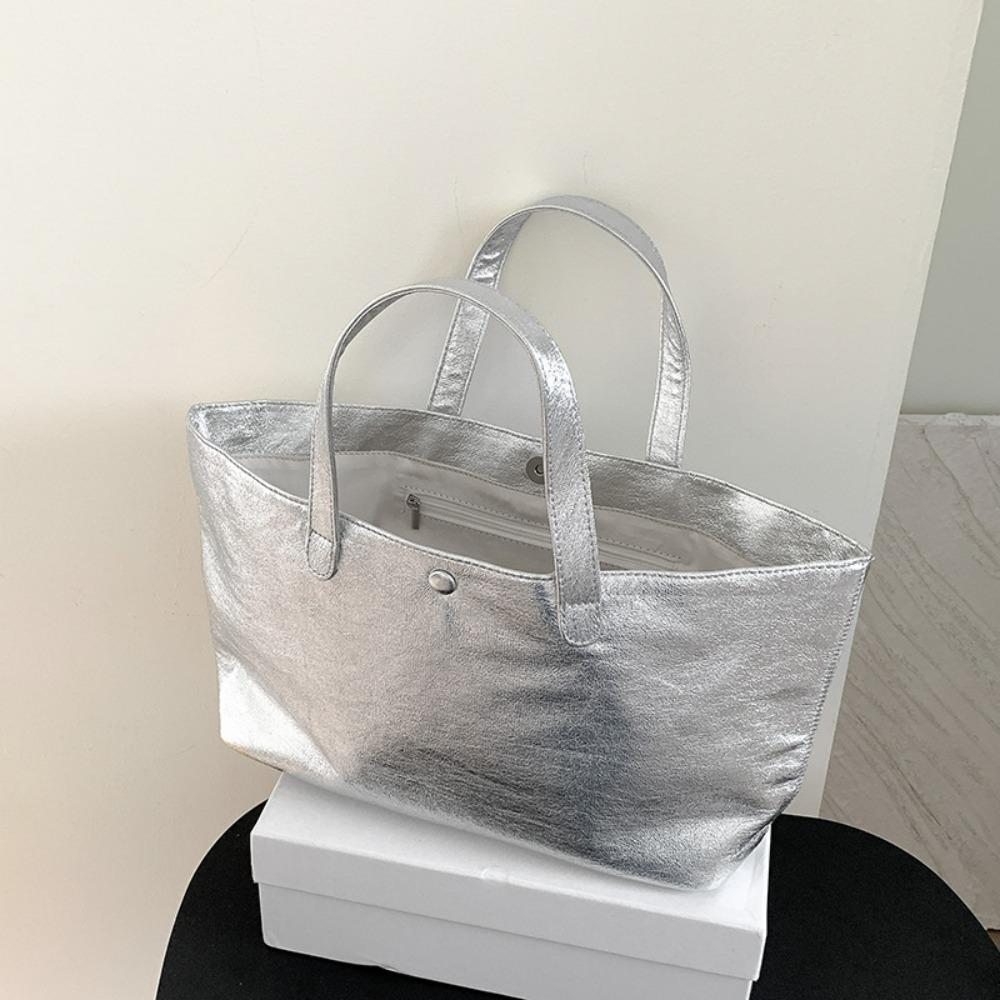 Korean Style Silver Tote Bag for Women Large Capacity Leather Handbag Casual Office Commuter Bag Luxury Shopper Handbags