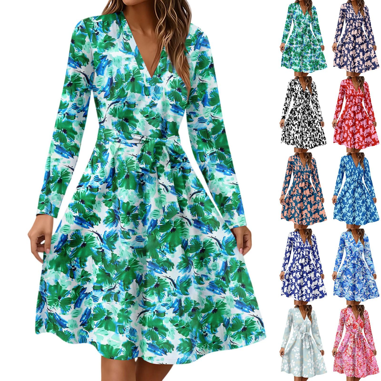 

Women s Fashion Casual V-Neck Long Sleeve Waist Floral Print Midi Dress XXL червоний
