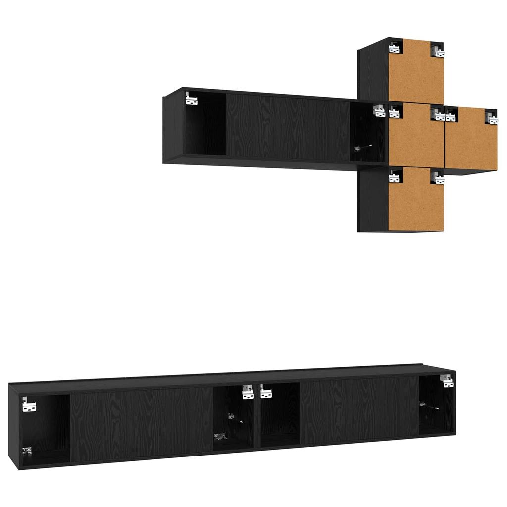 Wall Mounted TV Cabinet Set 7 Piece Black Oak Wood Based Material