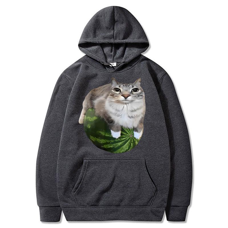 Funny Silly Watermelon Cat Meme Hoodie Women Humor Stylish Hilarious Long Sleeve Oversized Fleece Casual Pullover Streetwear