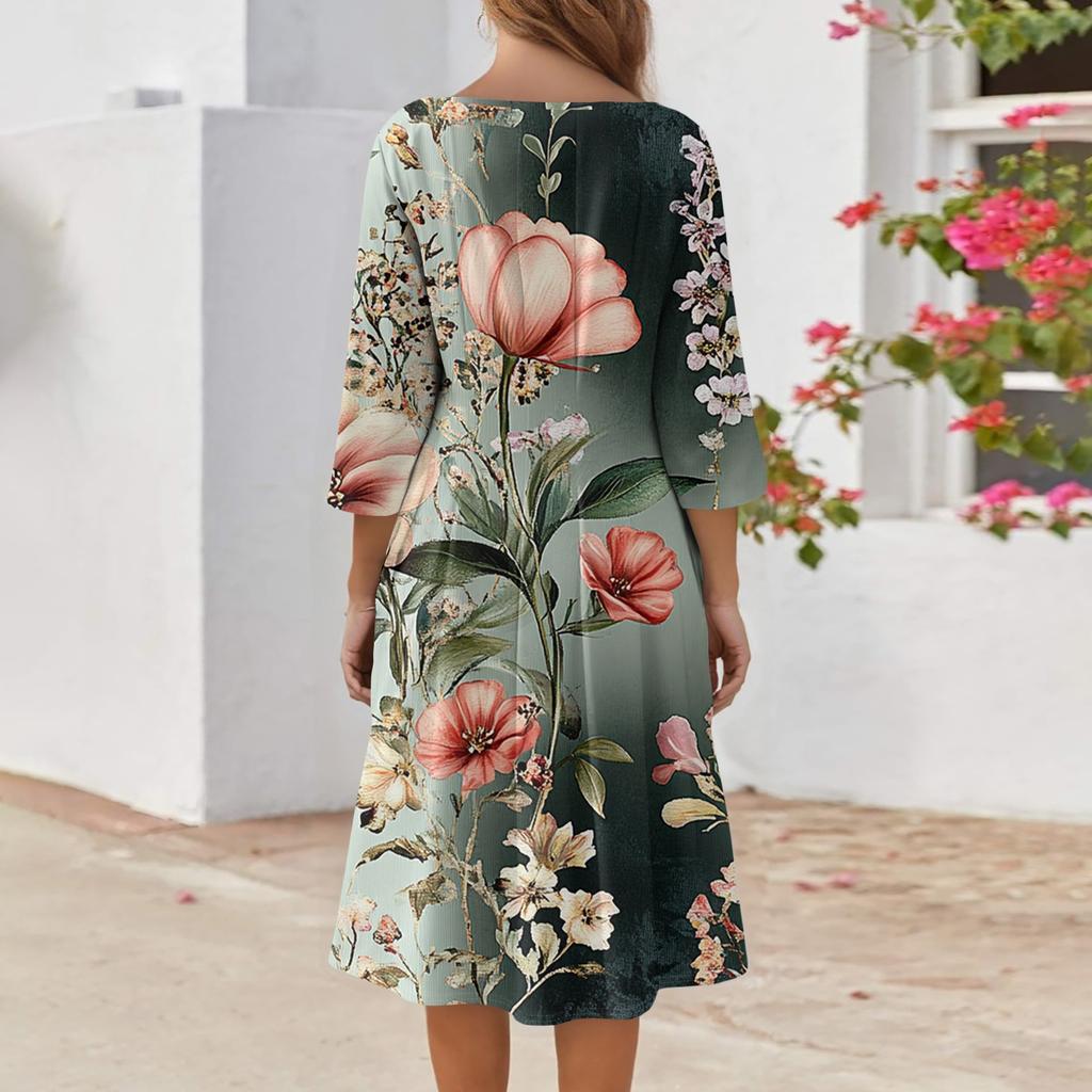 Women's Casual Fashion Round Neck Three Quarter Sleeve Print Midi Dress