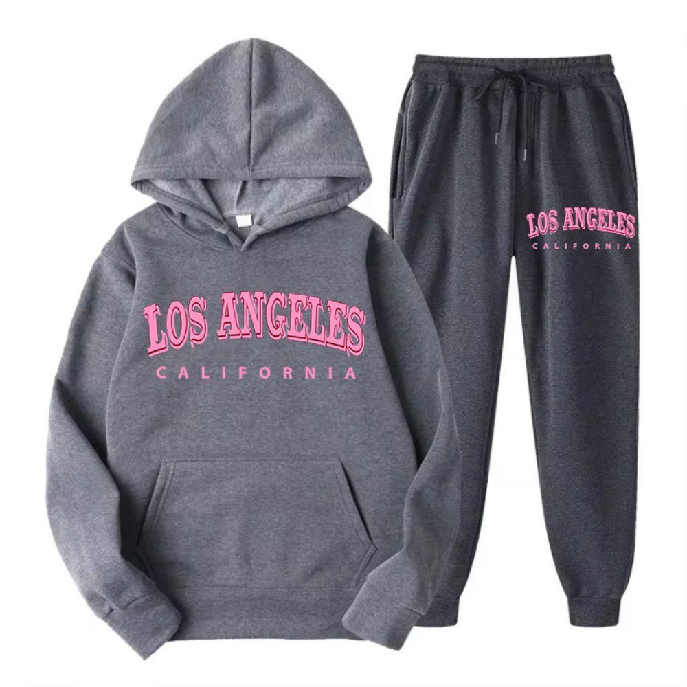 Two Piece Set Street Womens Hoodie & Pants Fleece Pocket Loose Pullover Los Angeles California Print Clothes