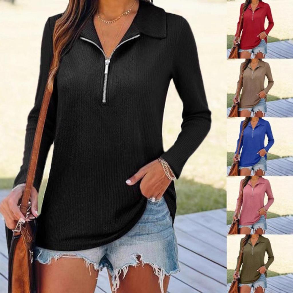 New Autumn Winter Women's Casual Knit Top Long Sleeve Zipper Lapel Knitwear For European American Crossborder