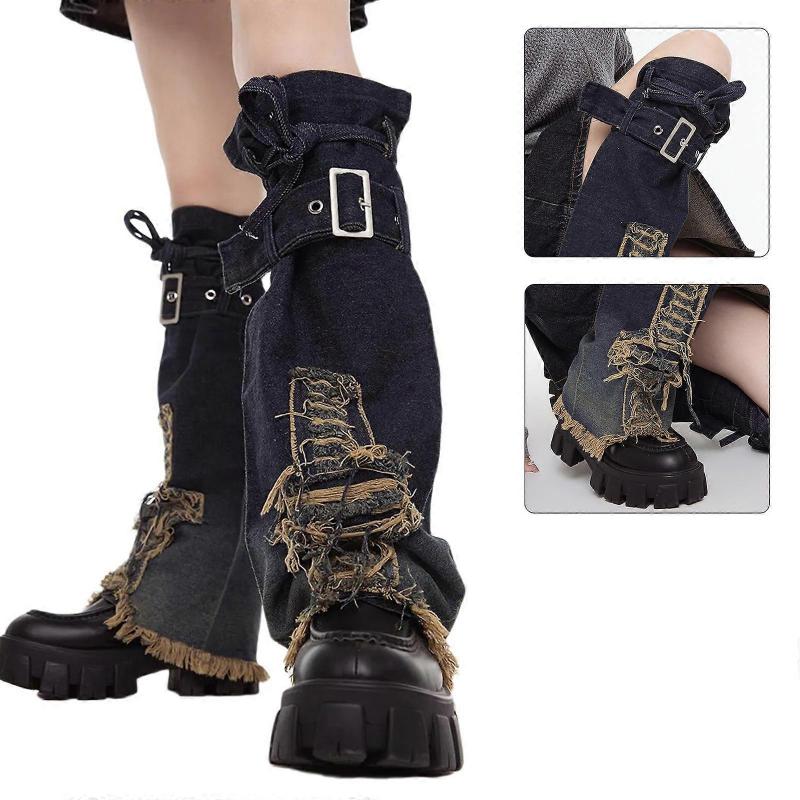 Scaldamani da donna giapponesi con cinturino e fibbia, jeans effetto invecchiato con croci e stelle, Harajuku Punk, coprigambe a zampa d'elefante, calze lunghe ampie
