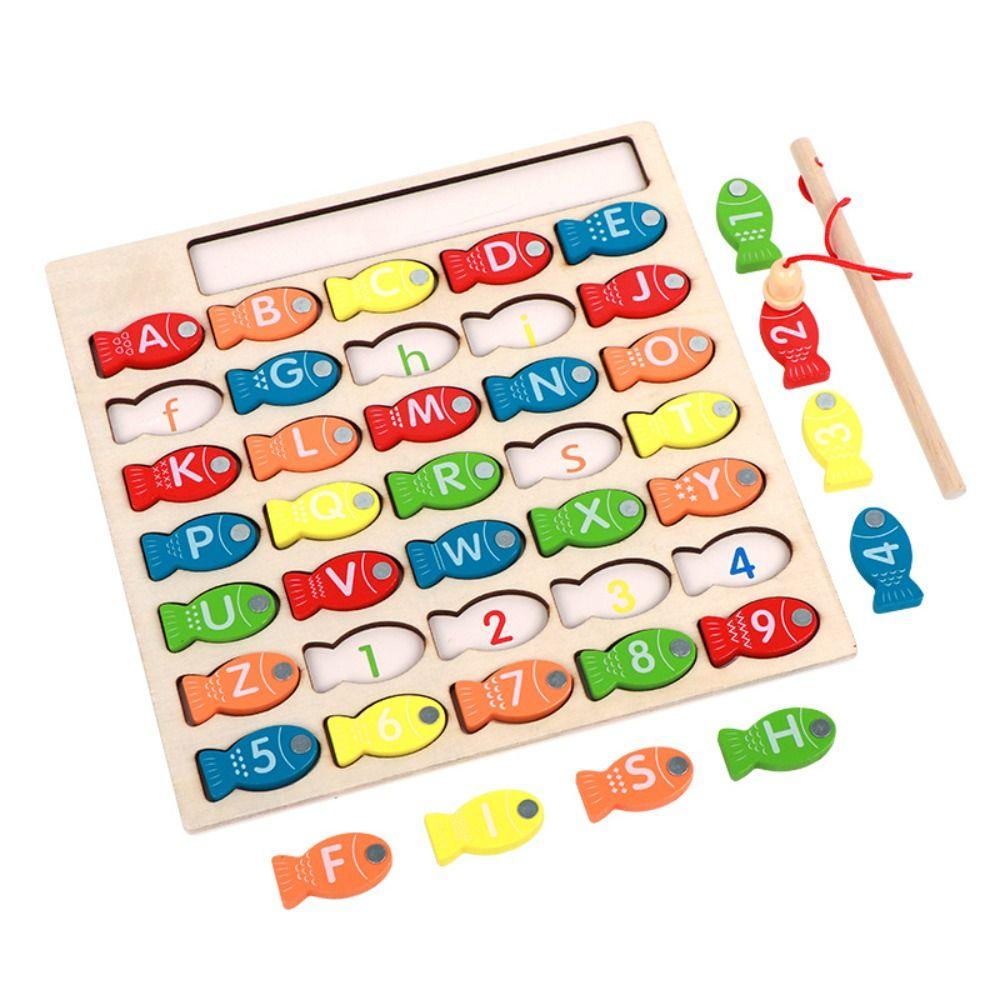 Wooden Kids Fishing Toys Early Educational Fishing Game Toy Letter Number Puzzle  Gift For Kids
