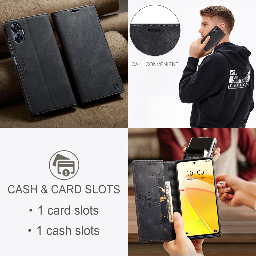 Pro Realme C55 4G Peněženkové pouzdro AUTSPACE A01 Kožený stojánek s držitelem karet s RFID blokováním