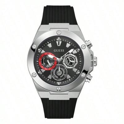 Relógio Masculino Moderno Elegante Preto Dourado Mostrador Multifunções Três Olhos Pulseira de Silicone Movimento de Quartzo