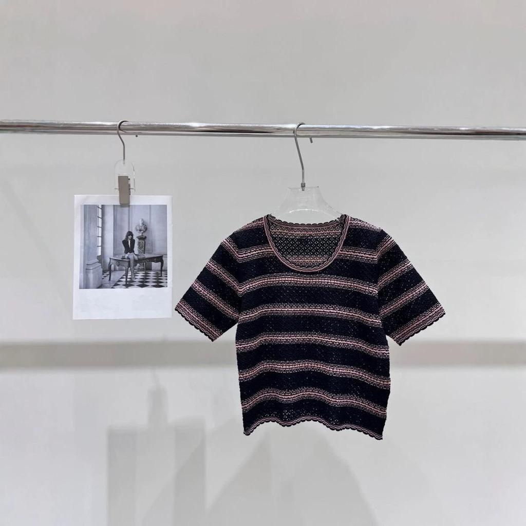 European Chic Striped Knit Short Sleeve Top for Women