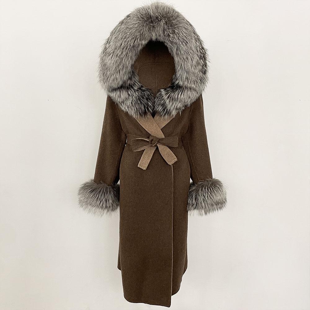 OFTBUY Winter Women Coat Real Natural Fox Fur Hooded Detachable Collar Double-faced Woolen Jacket Long Casual Elegant Overwears