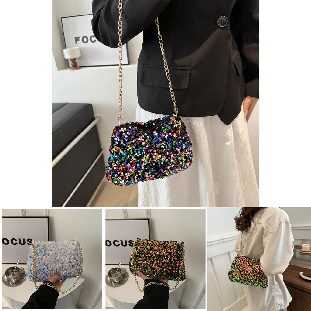 Black And White Sparkly Underarm Bag Women 2024 New Spring Nightclub Chain Small Square Bag Street Fashion