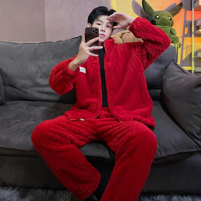 Pigiama Set Uomo Autunno Inverno Spesso Pile Cerniera Collo Alto Manica Lunga Pigiami Caldi Peluche Loungewear Uomo Casual Abbigliamento Casa