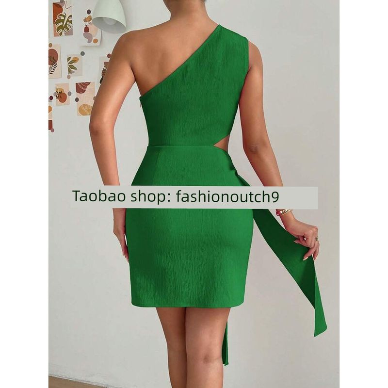 

2025 Сексуальное платье с запахом на одно плечо Green L