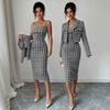 European and American Light Luxury Commuter Rough Flower Suit Long-sleeved Lapel Short Jacket with Slim Suspenders and Thin Skirt