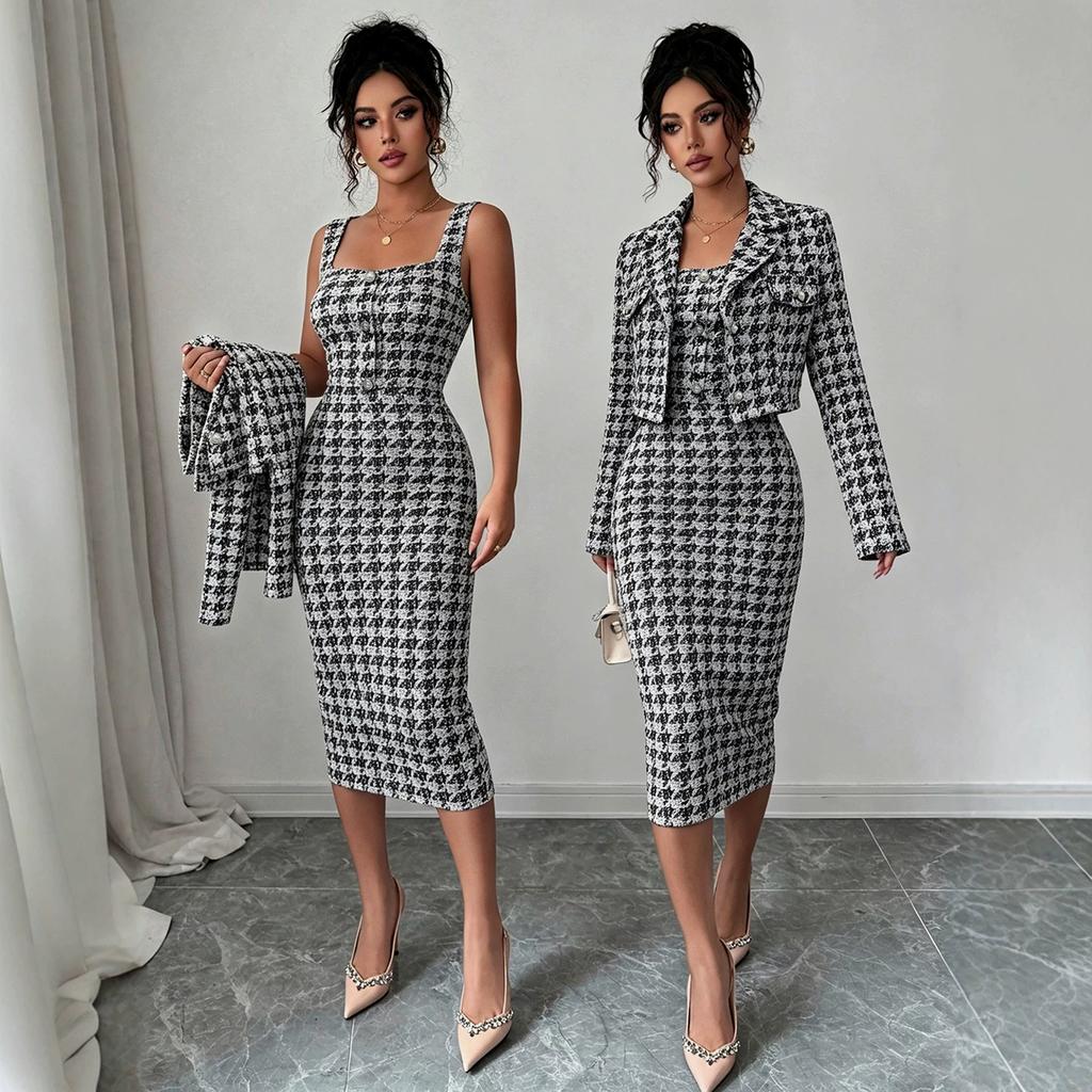 European and American Light Luxury Commuter Rough Flower Suit Long-sleeved Lapel Short Jacket with Slim Suspenders and Thin Skirt