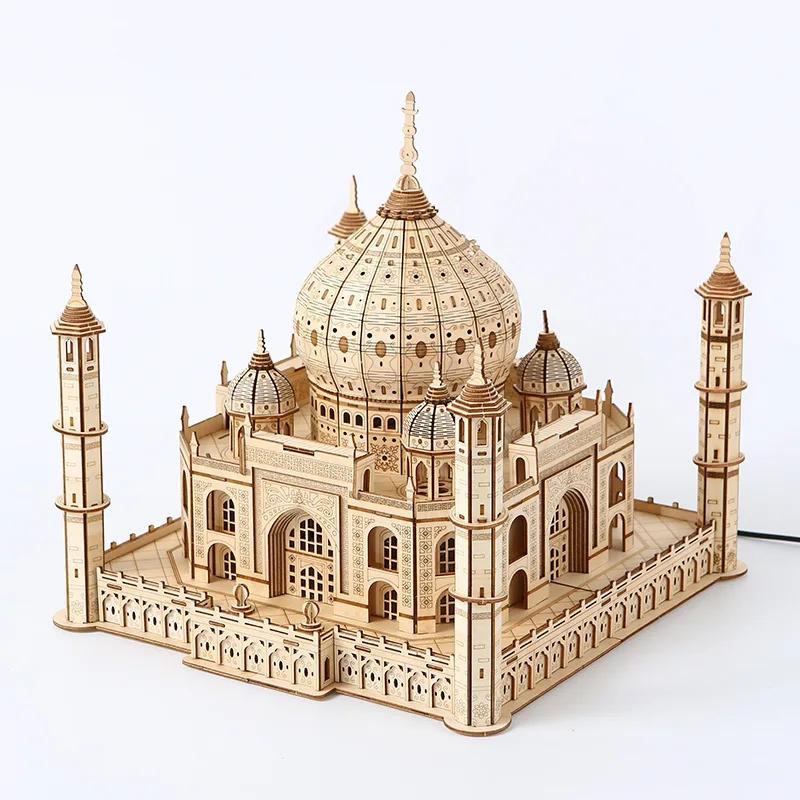 3D Træpuslespil Hus Kongeligt Slot Taj Mahal Med Lys Samlespil Legetøj Til Børn Voksne DIY Model Sæt Skrivebordsdekoration Til Gaver